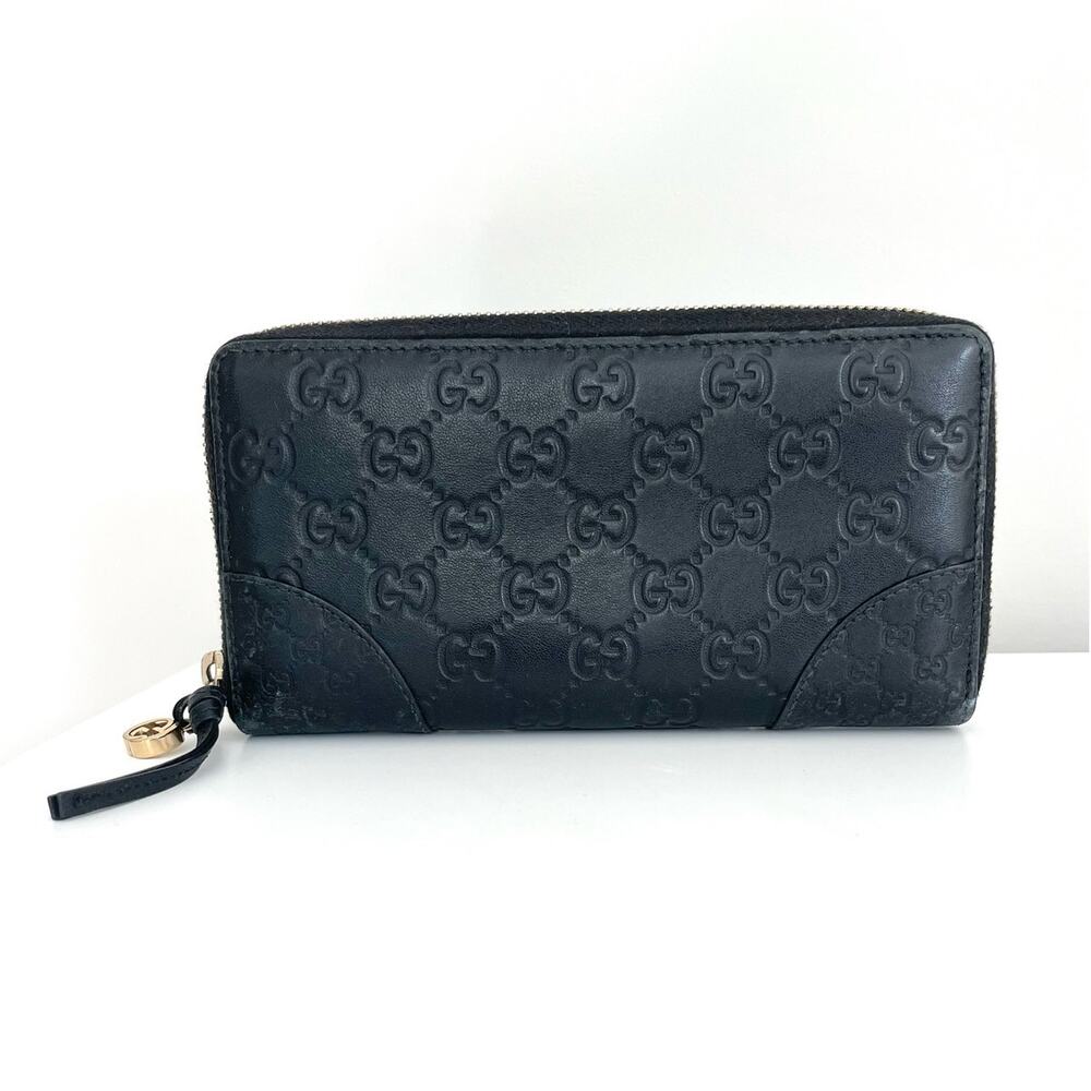 Gucci GG Monogram Guccissima Black Leather Zip Around Long Card Wallet Clutch
